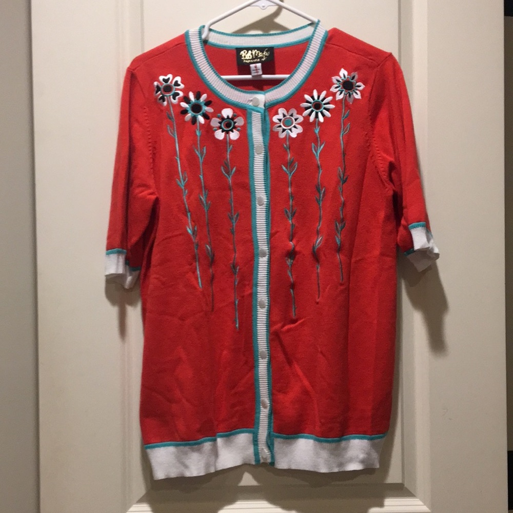 Like New!Bob Mackie Wearable Art ButtonDown short sleeve floral preppy sweater M - Picture 7 of 8
